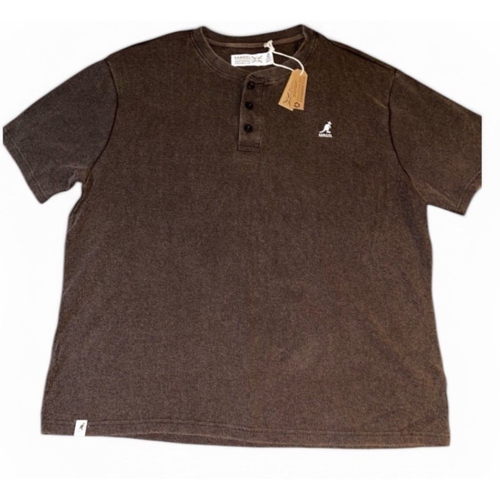 Kangol Henley Shirt Mens 2XL Brown Short Sleeve Waffle Knit Logo Casual NWT